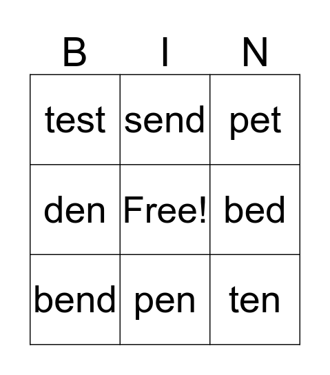 The /e/ Sound Bingo Card