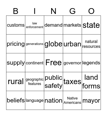 2nd Grade Social Studies Terms Bingo Card