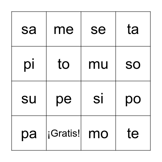 Loteria de Silabas Bingo Card