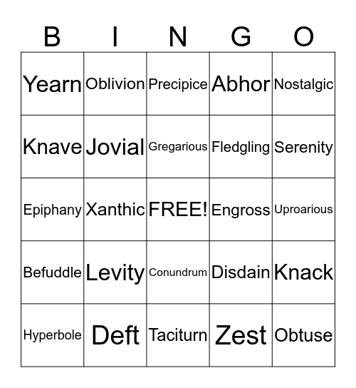 Vocabulary Bingo Card