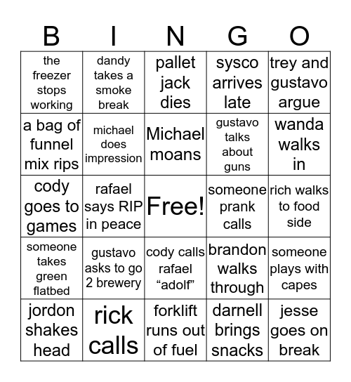 warehouse Bingo Card