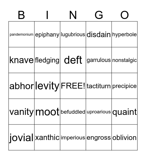 Vocabulary Set 2 Bingo Card