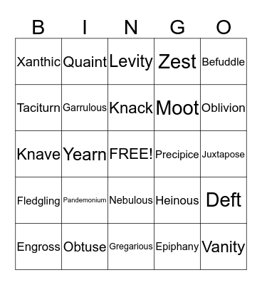 Vocabulary  Bingo Card