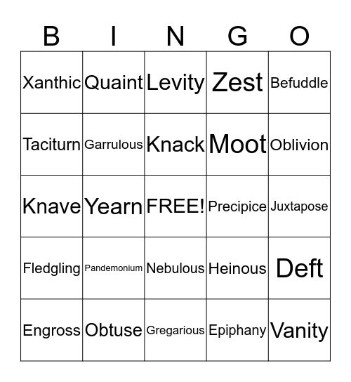 Vocabulary  Bingo Card