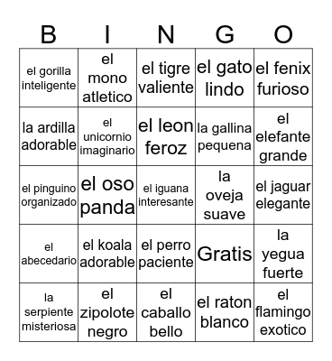 Animal ABC Bingo Card