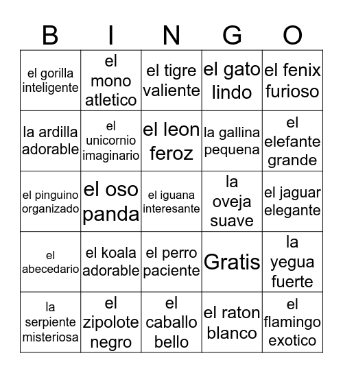 Animal ABC Bingo Card