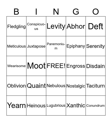 Vocabulary Bingo Card