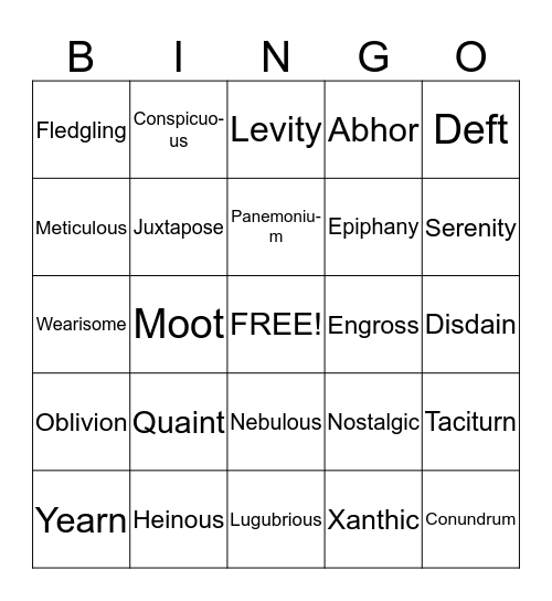 Vocabulary Bingo Card