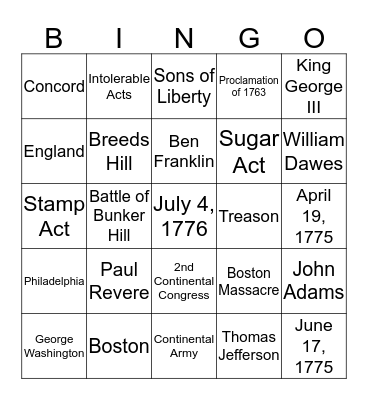 Revolutionary War Bingo Card