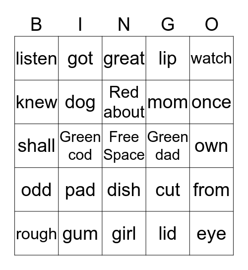 Jordan's Red & Green Words Bingo Card