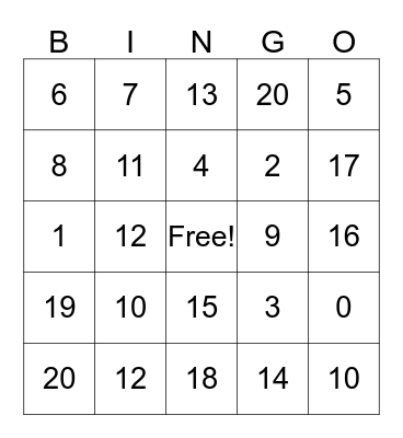 Addition to 20 Bingo Card