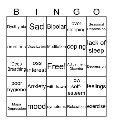 Depression and Anxiety  Bingo Card