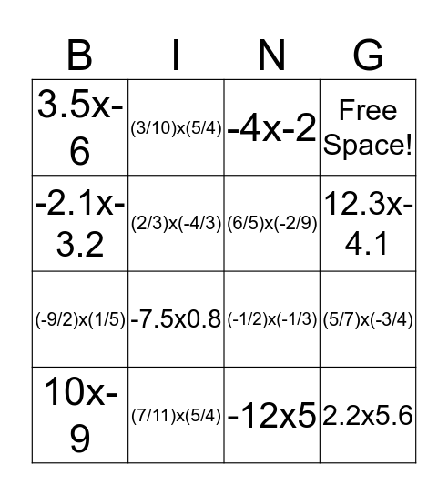 Multiplication Bingo Card