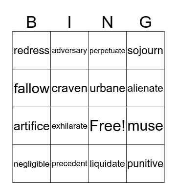 Vocabulary Unit 3 Bingo Card