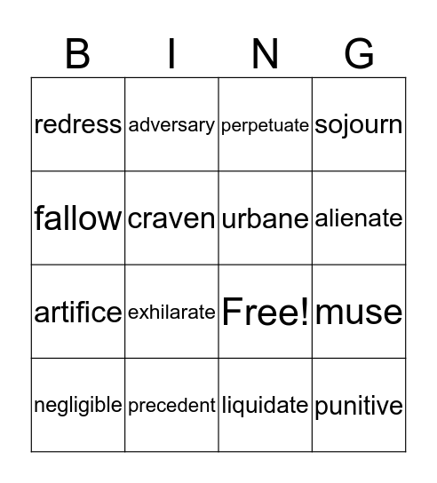 Vocabulary Unit 3 Bingo Card