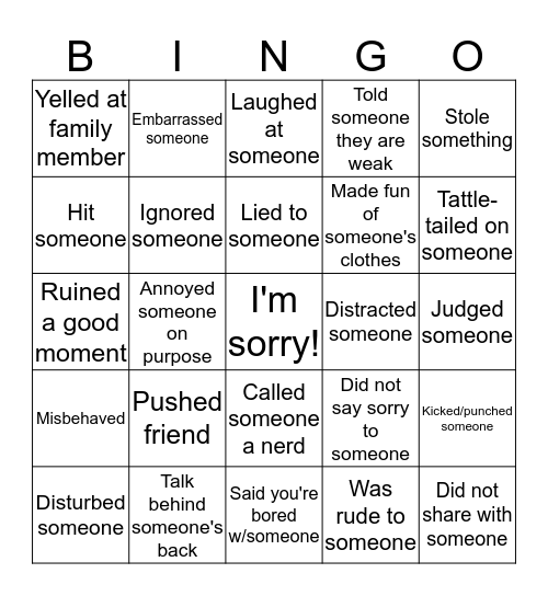 Yom Kippur Bingo Card