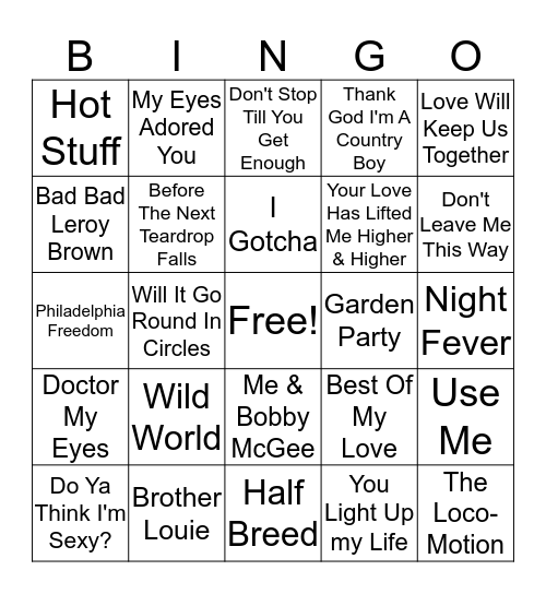1970's hits Bingo Card