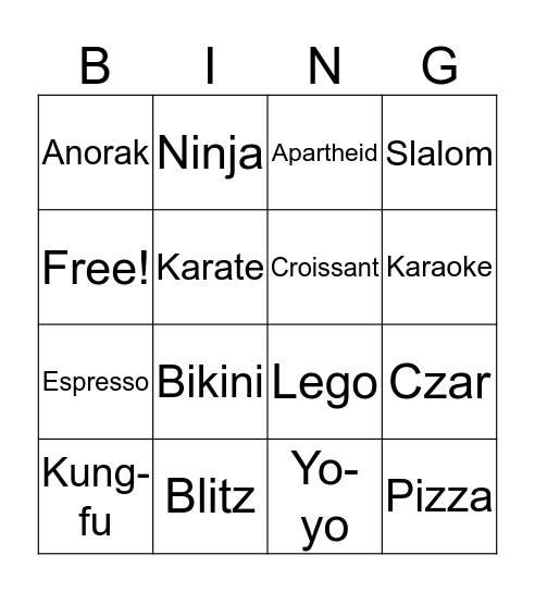 Borrowed Words Bingo Card
