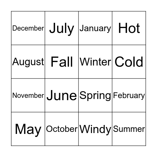 Seasons, Months and Weather Bingo Card