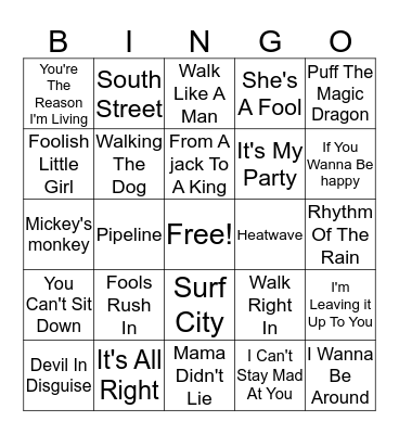 1963 Hits Bingo Card