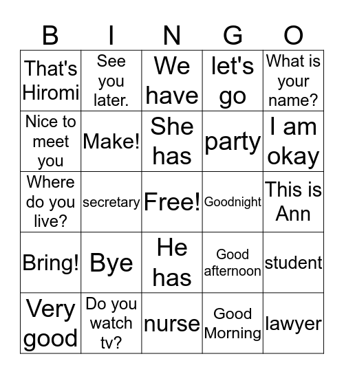 English Words Bingo Week 3 Bingo Card