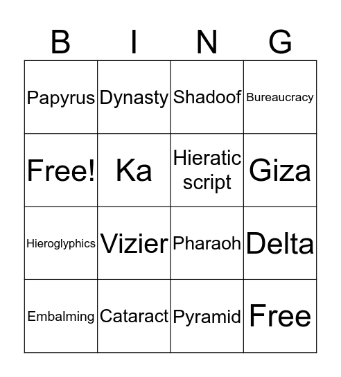 Egypt Bingo Card