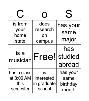 College of Sciences Bingo Card