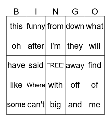 Sight Word  Bingo Card