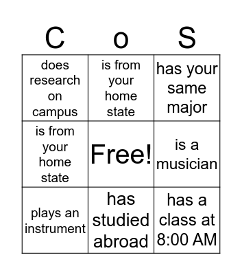 College of Sciences Bingo Card