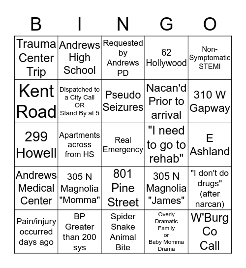 Medic 15 Bingo Card