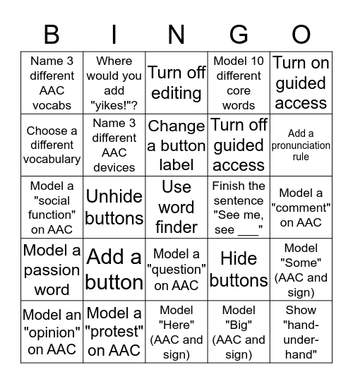 AAC Awareness Bingo Card