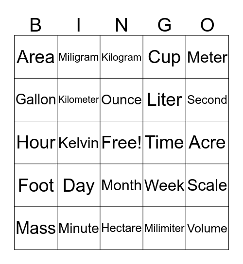 PHYSICAL QUANTITIES Bingo Card