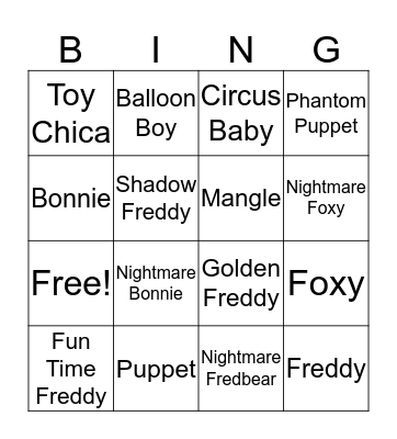Five Ngith at Freddy's Bingo Card