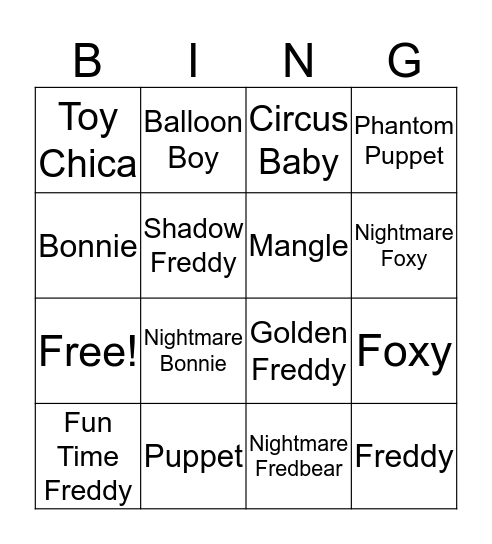 Five Ngith at Freddy's Bingo Card