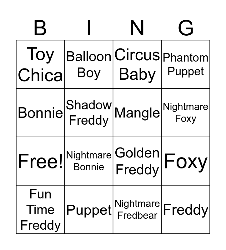 Free Printable Five Nights at Freddy's Bingo