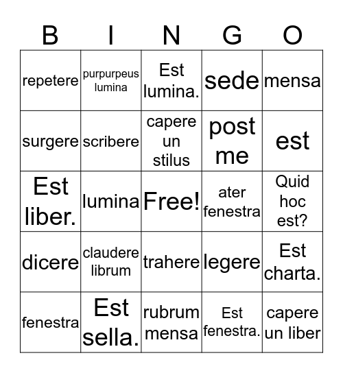 Latin Classroom Bingo Card