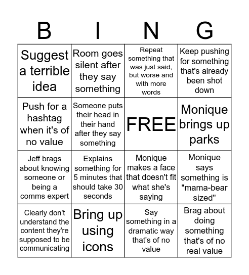 Meetings with Monique and Jeff Bingo Card