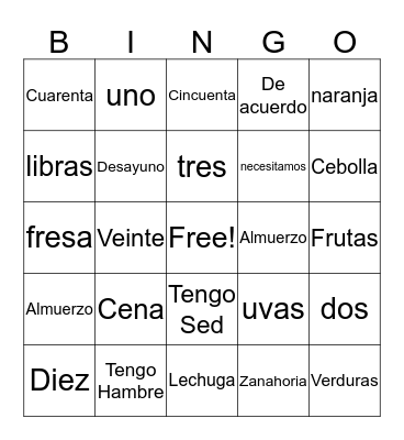 Las Comidas y Los Numeros Bingo Card