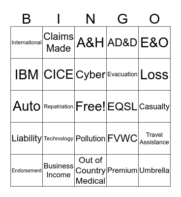 Insurance Bingo Card