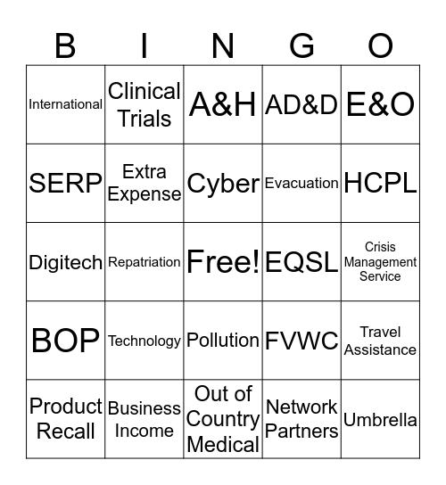 Insurance Bingo Card