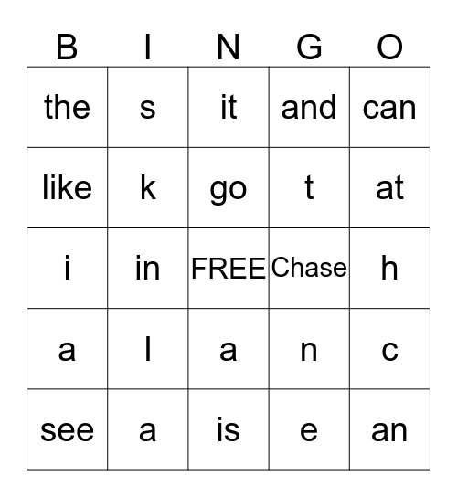 Kindergarten Bingo Card