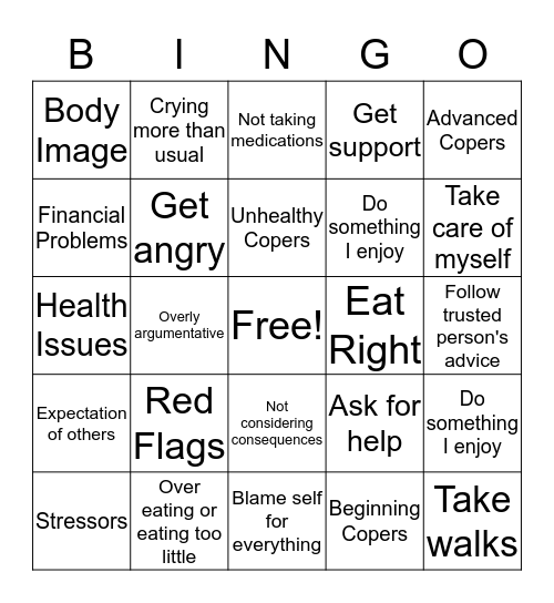 Coping Skills Bingo Card