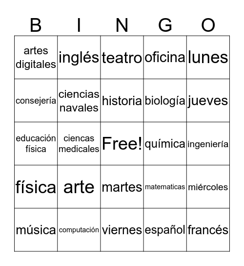 MATERIAS y DÍAS DE LA SEMANA Bingo Card