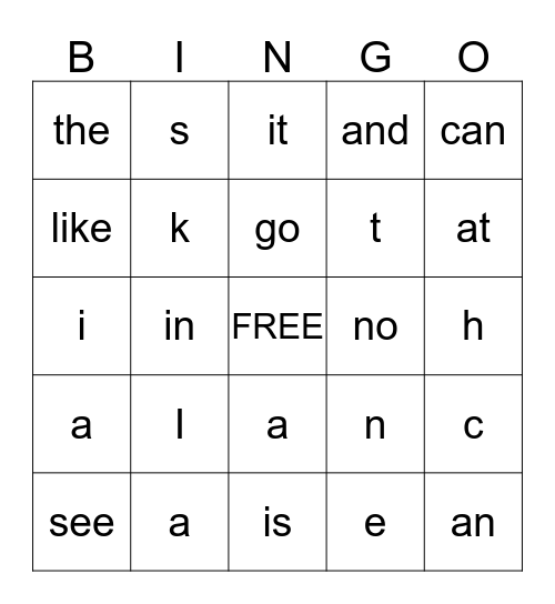 Kindergarten Bingo Card