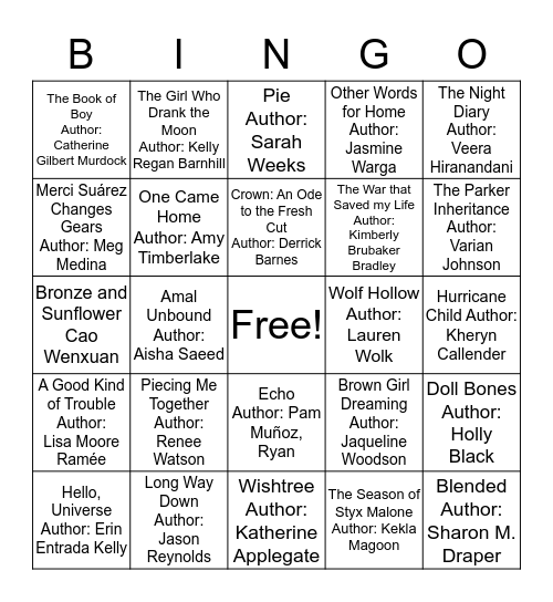 Literary Bingo Card