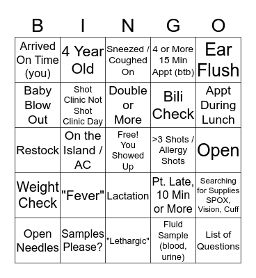Pediatric Office Bingo Card