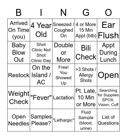 Pediatric Office Bingo Card