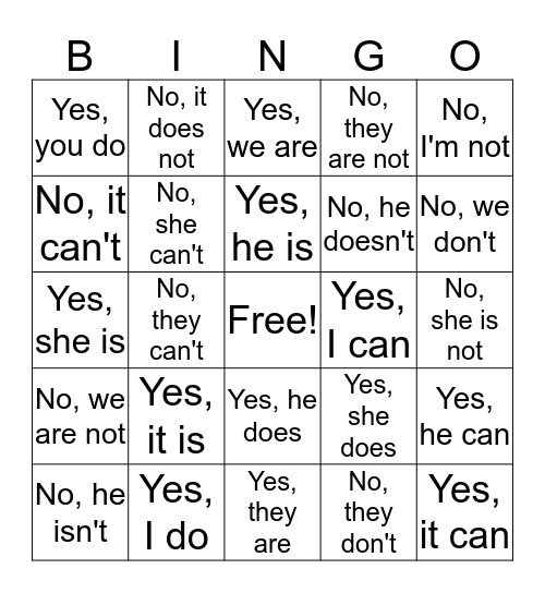 Answers Bingo Card