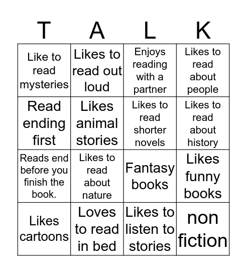 Book Talk Bingo Card