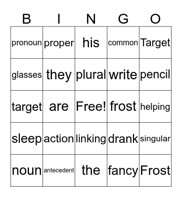 Parts of Speech Bingo Card